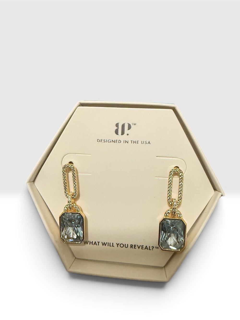 Bomb party Gold Drop Earrings with Gray Crystal Accent -